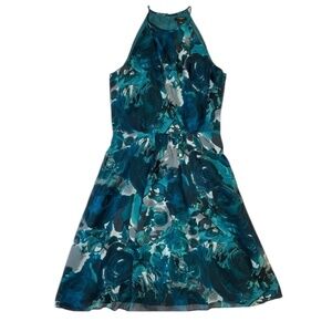 Ann Taylor A-Line Dress Blue Patterned High Neck Women’s Size 2